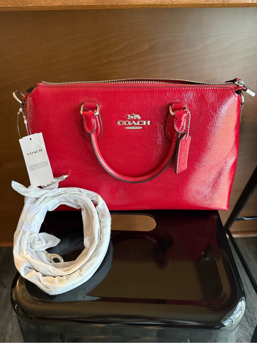 Coach Red Patent Leather Satchel with Silver Logo